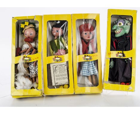 Pelham Puppets: Little Red Riding Hood, Dutch Boy, Wicked Witch and Tyrolean Girl, all in original yellow window boxes, G, Re