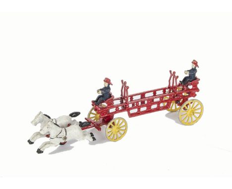 Cast Iron Horse-Drawn Fire Engine Model; with two figures, G  