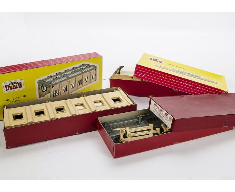Hornby Dublo 00 Gauge 2-Rail Plastic Buildings: 5085 Suburban Station Kit and 5005 Engine Shed Kit, both in original red stri