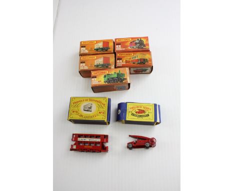 Matchbox Series: including 1960s no.3 tram and a no. 9 fire engine, and five series 75 locos and containers, VG boxes F-G (7)
