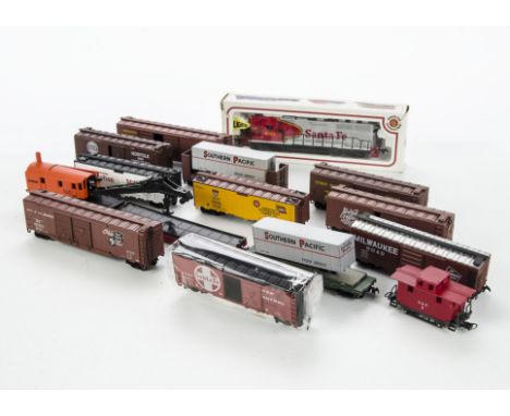 American HO Gauge Locomotive and Freight stock: comprising a boxed Bachmann Santa Fe Bo-Bo diesel locomotive in silver/red li