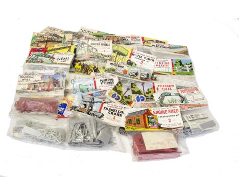 Airfix 00 Gauge unmade Model Railway Kits in early header packs: Signal Gantry (2), Booking Hall (1), Telegraph Poles (2), Ca