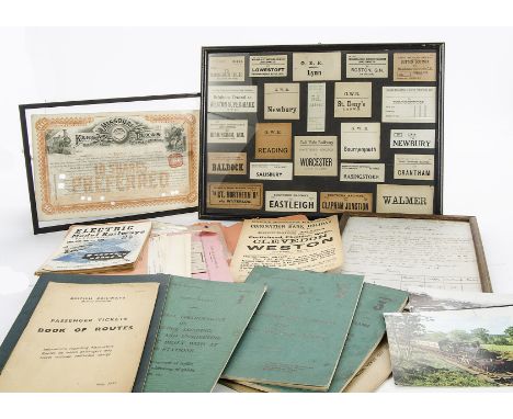 Railwayana - a collection of mostly paper ephemera: including a framed set of mostly pre-grouping luggage labels, a 1902 Coro