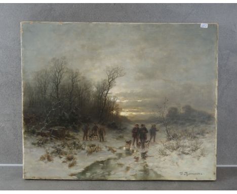 THOMASSIN-RENARDT, DÉSIRÉ  (Wien 1858-1933 München), Gemälde: "Winterliche Jagdgesellschaft", Öl auf Leinwand, u. r. signiert