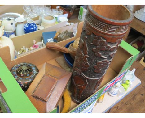 A cloisonne-enamelled bulb pot, Victorian mahogany tea caddy, elm saucepan, carved gourd, etc.
