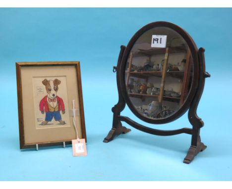 A framed watercolour after Louis Wain, 5.5 x 3.5in., and a small mahogany-framed toilet mirror