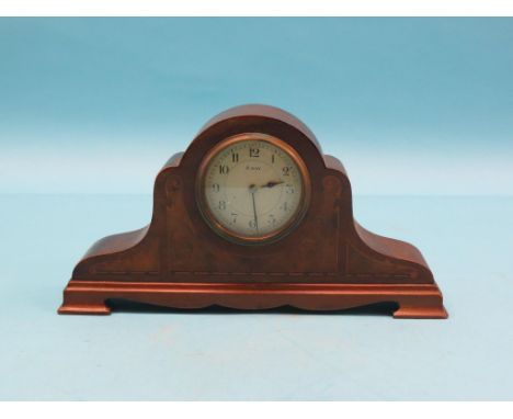 An Edwardian walnut mantel clock, convex dial and 8-day French movement, domed case with burr-veneered panels, 14in. wide 