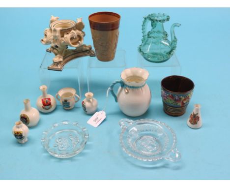 A late Victorian Royal Worcester inkwell, small assortment of Goss crested china, Doulton salt-glazed stoneware beaker, etc. 