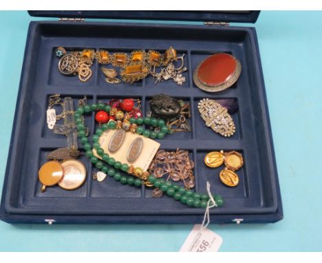A tiger's-eye bracelet and matching brooch, jade-type bead necklace and other jewellery