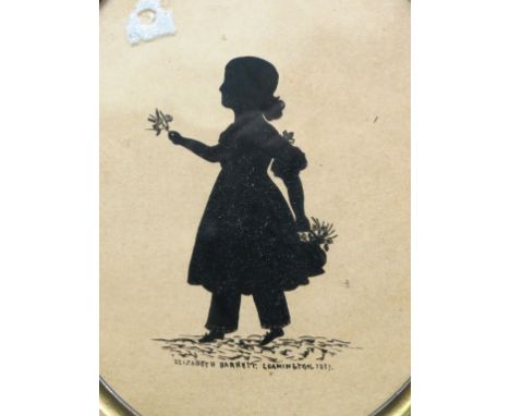 A silhouette portrait, painted full-length girl in profile, named Elizabeth Barrett, Leamington, 1837, in original brass fram