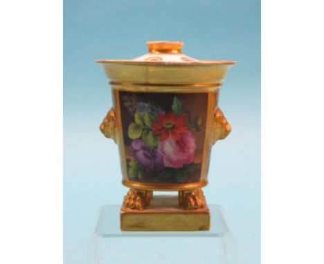 An early 19th century English porcelain bulb pot, probably Spode, finely-painted with a flower panel, reverse gilded against 