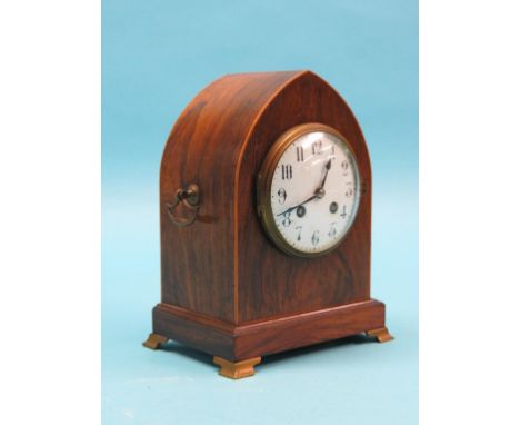 A Victorian rosewood mantel clock, 4in. convex, enamelled dial and Paris gong-striking movement, lancet case with brass side 