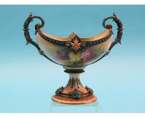 A Royal Worcester centrepiece, boat-shape with scroll handles, finely painted with Hadley-style roses by May Blake, circular 