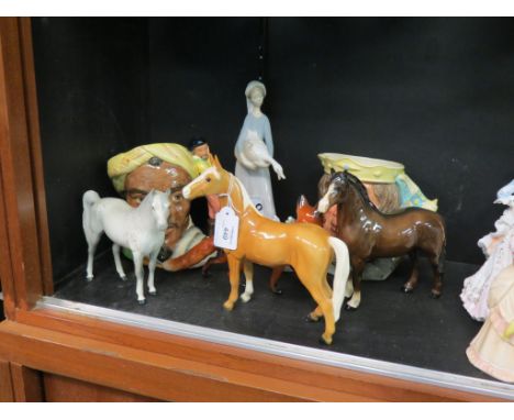 Two Beswick horses, Beswick fox, ear chipped, Goebel horse, Lladro girl with swan and two Royal Doulton character jugs, latte