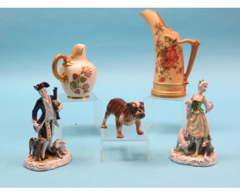 A Royal Doulton bulldog, HN1047, together with two Royal Worcester jugs, shapes 1094 and 1116, each brightly enamelled with f
