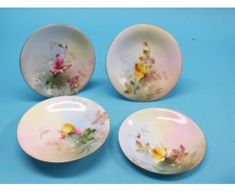 A Royal Worcester bone china dessert set, two comports and eleven plates, painted with roses, unsigned, date-code 1906