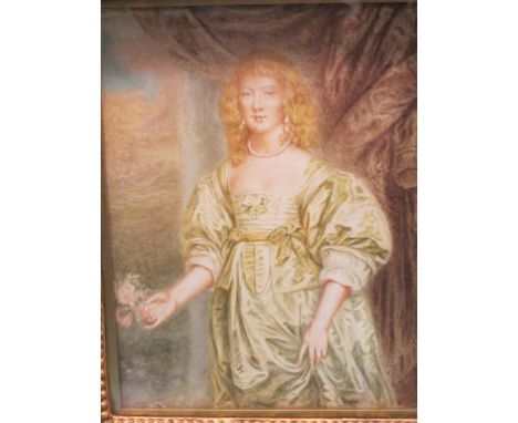19th century French school - watercolour, three-quarter length portrait of a young lady, unsigned, 12 x 9in. - indistinctly i