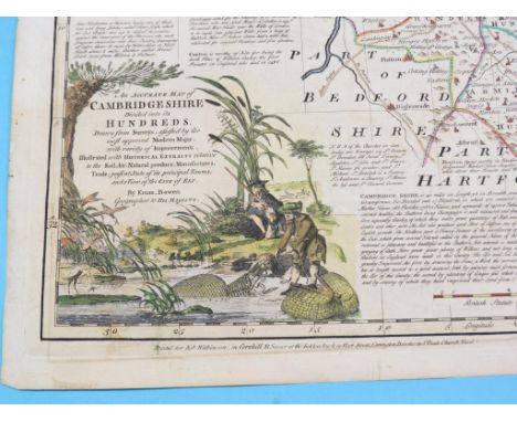 A mid-18th century map, Cambridgeshire, by Eman. Bowen, with hand-coloured detail, 28 x 21in., another, road-map, Buckingham 