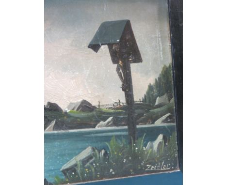 Zeigler - oil on card, Austrian riverside shrine, signed, 14 x 19in. and a group of three BBC TV film props, Downton Abbey 
