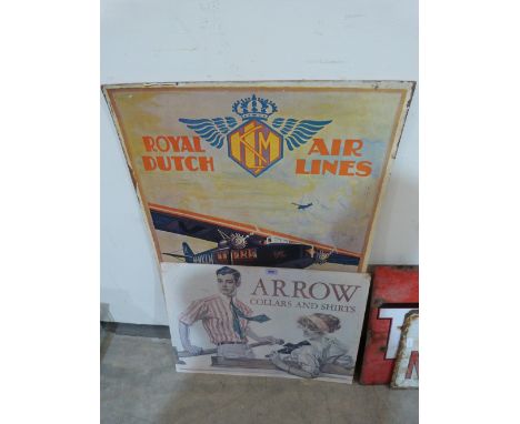 Two printed board Advertising signs, Royal Dutch Airlines 40' x 25' and Arrow Collars and Shirts 19' x 25'.  Early 20th centu