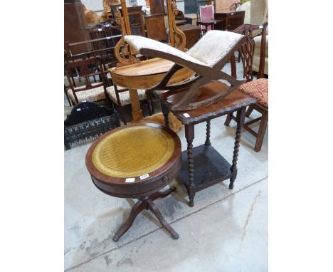 An oak barleytwist occasional table, a gout stool and a drum occasional table