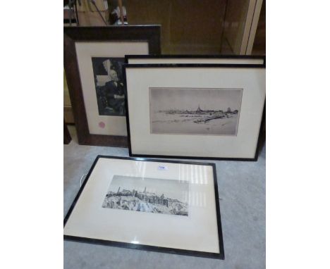 Three signed engravings after Tom Maxwell and a framed Victorian portrait photographic print