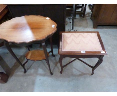 An Edward VII mahogany and line inlaid two tier occasional table and a mahogany piano stool