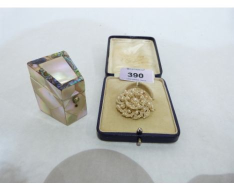 An early 20th century mother-of-pearl parquetry etui case and a seed pearl brooch