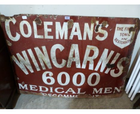 A Coleman's Wincarnis enamel sign. 36' x 48'. Losses and corrosion