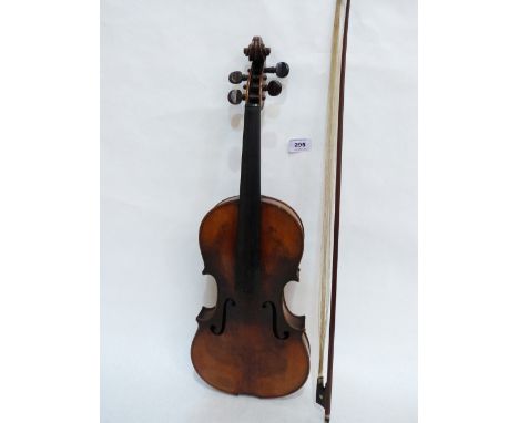 A violin with mother-of-pearl inlaid bow. Length of back 14'