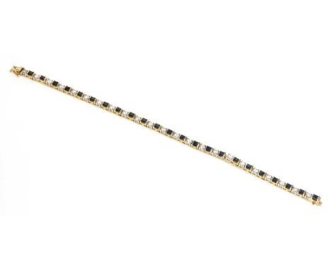 A gold sapphire and diamond bracelet, with a row of square step cut sapphires, end set to articulated collets, alternating wi