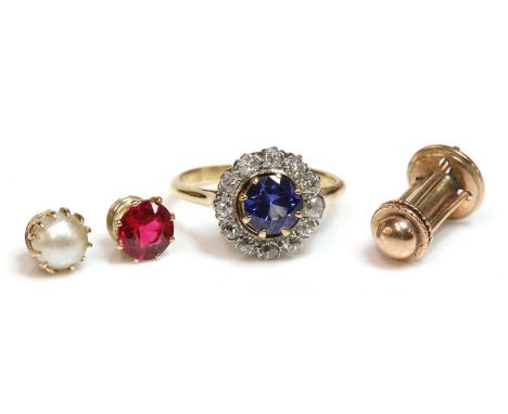 A gold interchangeable gem set and diamond cluster ring and earrings suite,the ring with an interchangeable synthetic sapphir