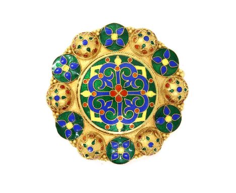 A gold and enamel shield form brooch, by Ilias Lalaounis,with a raised central boss, decorated with polychrome champlevé enam