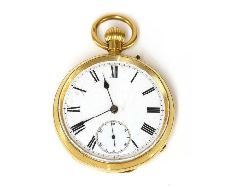 An 18ct gold top wind open faced pocket watch,with a 47.50mm case. A white enamel dial, black Roman numerals, blued spade han