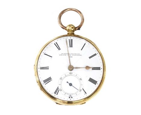 An 18ct gold key wound open faced pocket watch,with a 40mm case. A white enamel dial with black Roman numerals, a subsidiary 