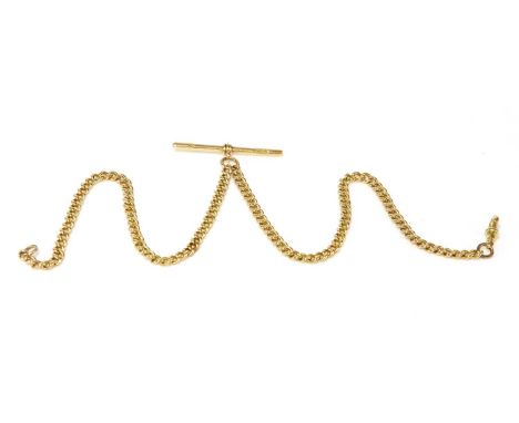 An 18ct gold curb link double Albert chain, with ‘T’-bar and swivel clasp and later metal jump rings. Birmingham. 430mm long,