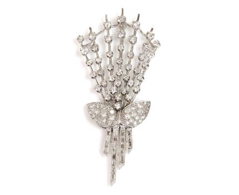 A diamond set spray brooch,with a spray of blade edge bars, claw set with rows of graduated brilliant cut diamonds. A pair of