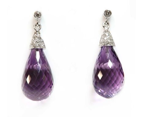 A pair of white gold amethyst and diamond drop earrings,with a briolette amethyst peg set to a white gold cap, pavé set to th