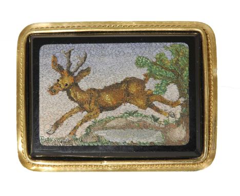 A Victorian gold micromosaic brooch,of rectangular form, with a micromosaic plaque depicting a stag in the landscape to a bla