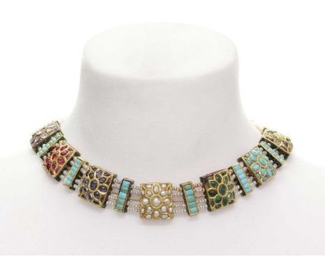 An Indian four row seed pearl and gemstone necklace,with a series of rectangular plaques and bars, kundan set with cabochon g