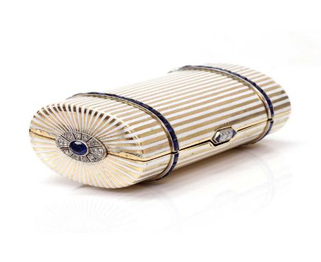 A gold sapphire, diamond and enamel cigarette case,of hinged, oval rectangular form. Pin stripe white champlevé enamel decora
