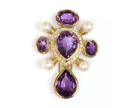An amethyst, diamond and cultured pearl cruciform brooch, with a mixed cut pear shaped amethyst rub set to the centre. A bord
