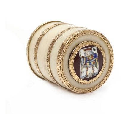 A George III carved ivory drum form box,possibly for gaming counters or dice, with a lift off lid. Applied gold bands with br