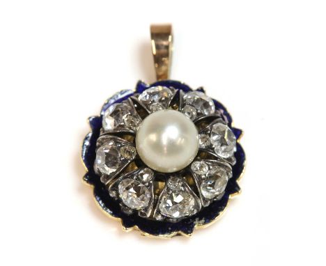 A Victorian pearl, diamond and enamel pendant,with a 7.40mm pearl, peg set to the centre. A border of cushion cut diamonds, w