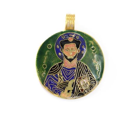 A Russian gold enamel icon pendant,the circular pendant depicting Christ Pantocrator in polychrome enamel, to a fixed ribbed 