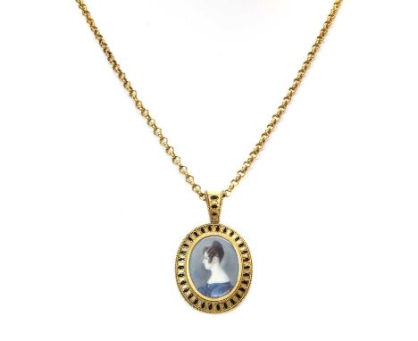 An Etruscan style gold and enamel glazed picture locket, c.1860,depicting a painted miniature of a lady wearing a blue dress 