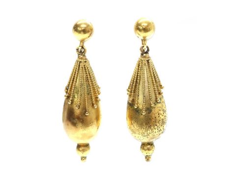 A pair of Victorian gold, archaeological revival, Etruscan style drop earrings, c.1860,with a plain bead top. A pippin drop w