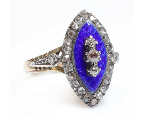 A Georgian diamond and enamel navette shaped ring,with three graduated Swiss cut diamonds, in cut down collets, in a fingerli