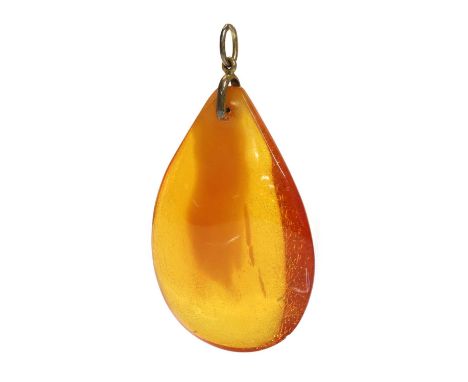 A cognac amber pendant,with an opaque butterscotch section to the centre, with silver gilt jump ring. In a case by L. Pinn &a