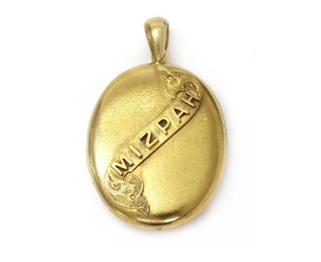 A cased Edwardian gold 'Mizpah' locket,of oval hinged shallow bombé form. An applied diagonal ribbon with the raised wording 